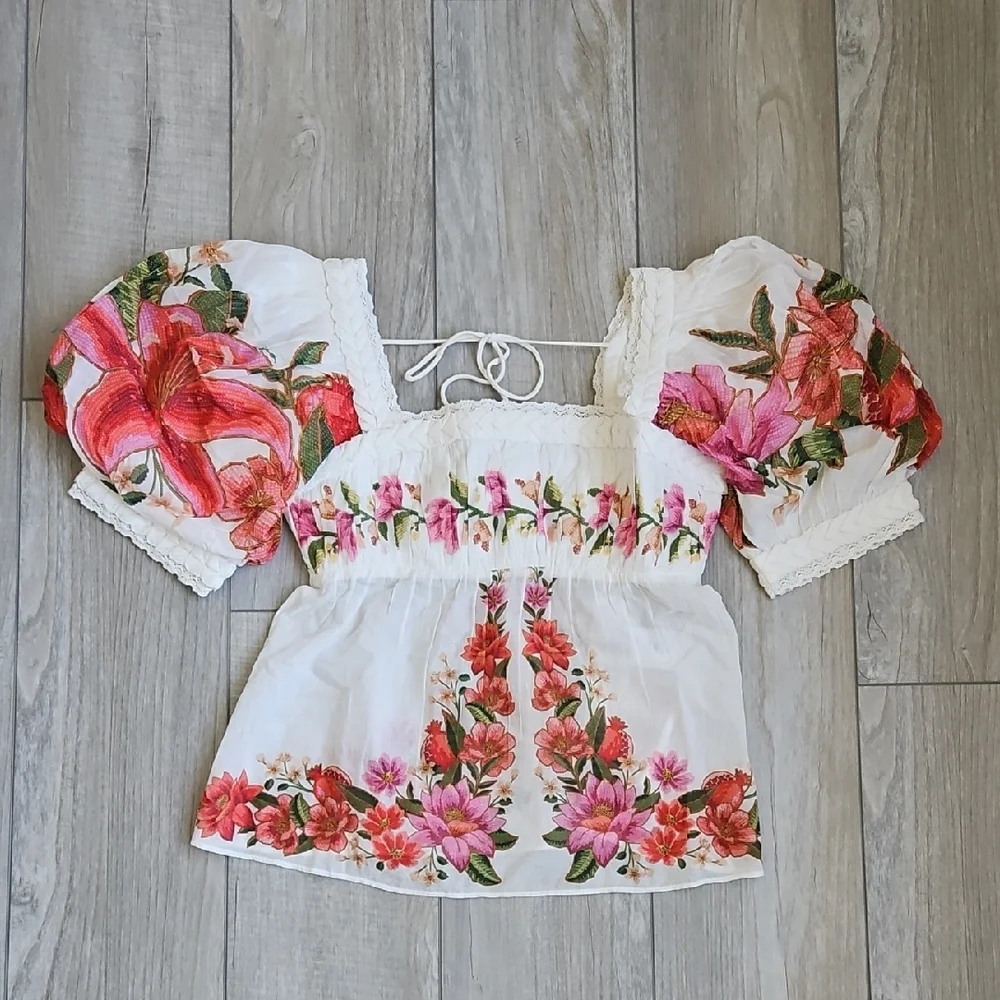 FARM Rio White Peasant Blouse with Pink & Red Floral Embroidery